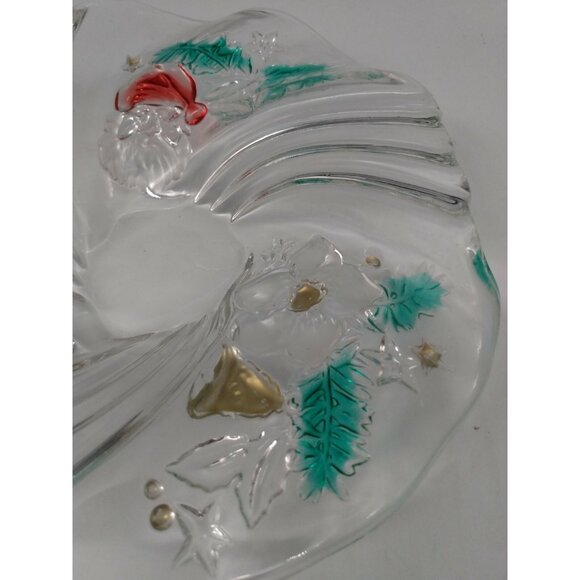 Clear Glass Christmas Candy Bowl/Platter with etched Santa & Florals 9" Diameter - Picture 10 of 11